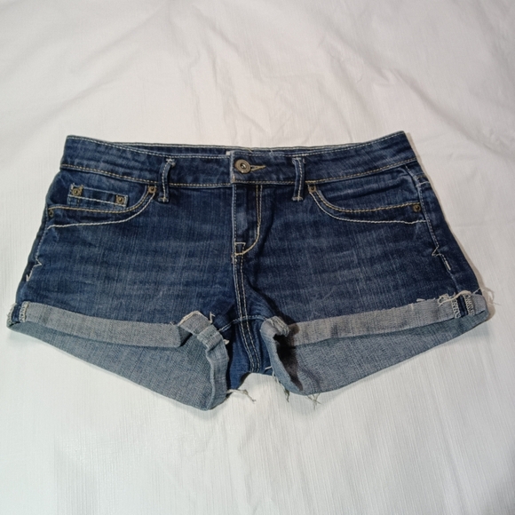 Aeropostale Denim Mini Shorts Jeans Blue Dark Wash Roll Cuffs Stretch Size 7/8 - Picture 1 of 5
